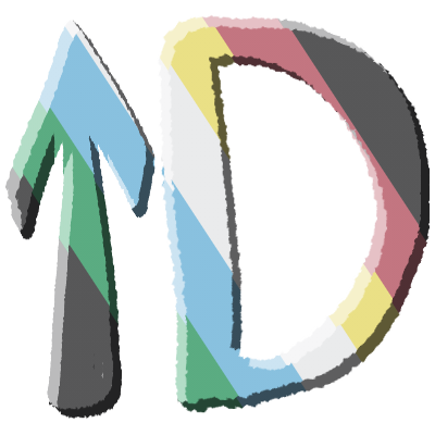 an up arrow and capital D, beveled and colored with the disability pride flag.